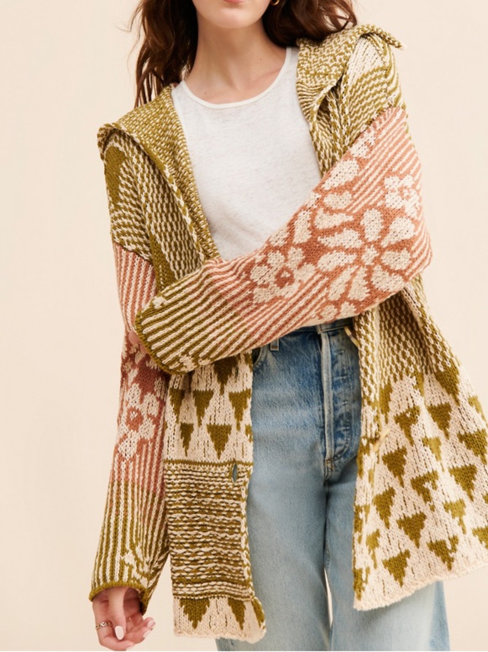 Free People Tate Green Brown Colorblock Floral Geometric Knit Cardigan Sweater S